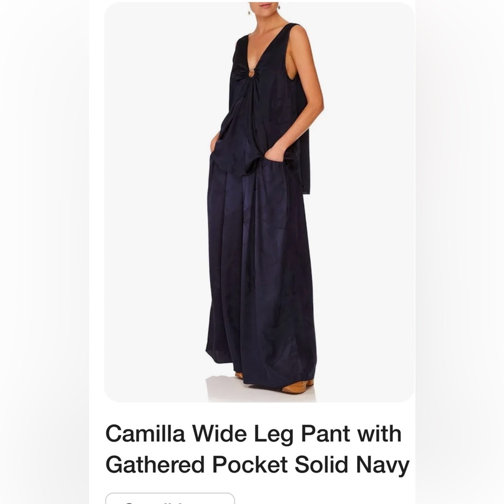 Camilla-RARE! Navy jacquard crane, silk, wide leg pants.
